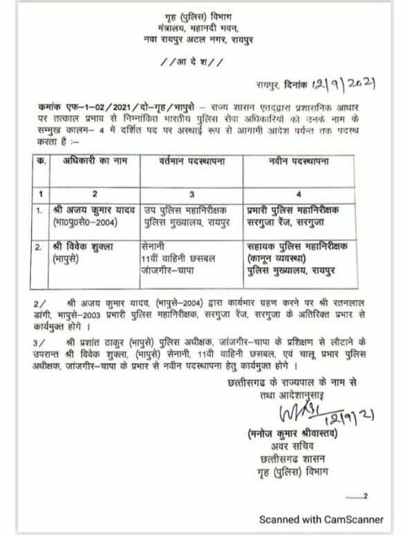 अजय यादव सरगुजा रेंज के प्रभारी आईजी, राज्य पुलिस सेवा  के अफसरों के तबादले