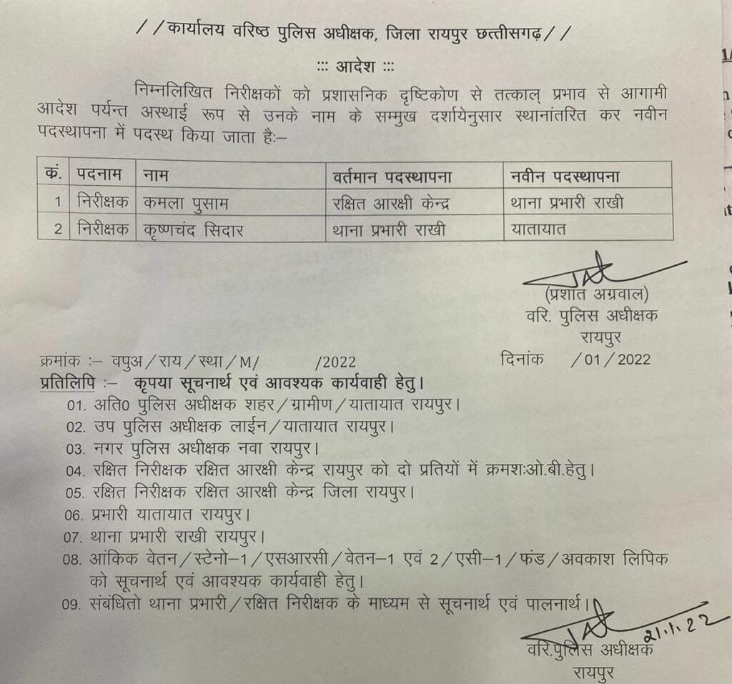 *दो निरीक्षकों का तबादला, एसएसपी ने ज़ारी किया आदेश*