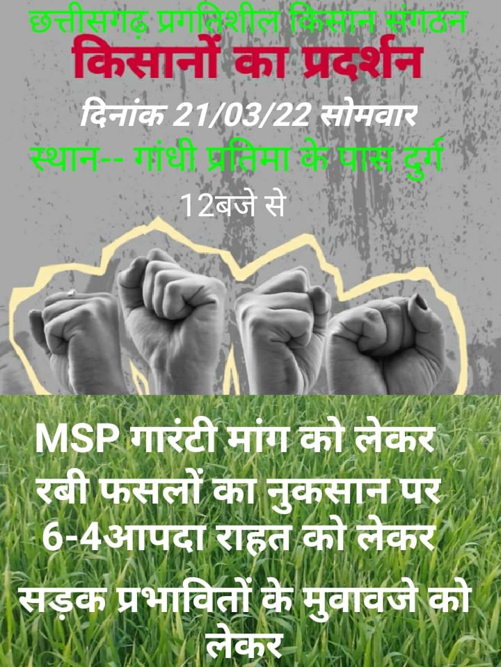 *4 सूत्रीय मांगों को लेकर छत्तीसगढ़ प्रगतिशील किसान संगठन प्रदर्शन करेगा 21 को*