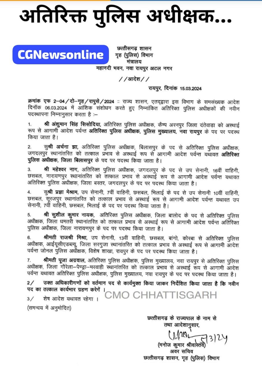 13 ASP और 41 DSP का हुआ तबादला 🟠 हेमप्रकाश नायक होंगे दुर्ग क्राइम ने नए DSP 🟢 आशीष बंछोर को मिली पाटन SDOP की जिम्मेदारी