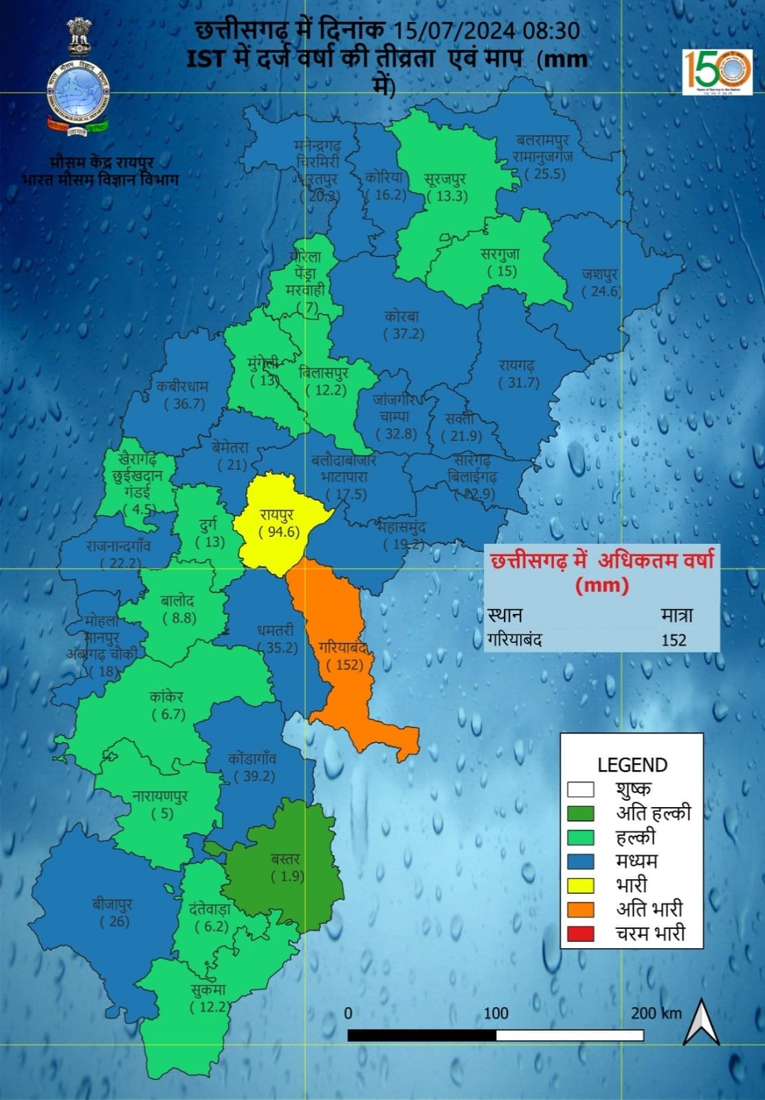 छत्तीसगढ़ में तीन जिलों के लिए ऑरेंज अलर्ट एवं पांच जिलों के लिए येलो अलर्ट जारी, आगामी 24 घंटे में अति से भारी वर्षा की चेतावनी