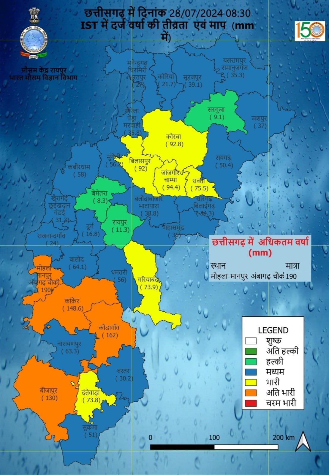 दुर्ग सहित प्रदेश के 17 जिलों में भारी बारिश की चेतावनी, जारी किया गया येलो अलर्ट, निम्न दाब का केंद्र बना दक्षिण छत्तीसगढ़