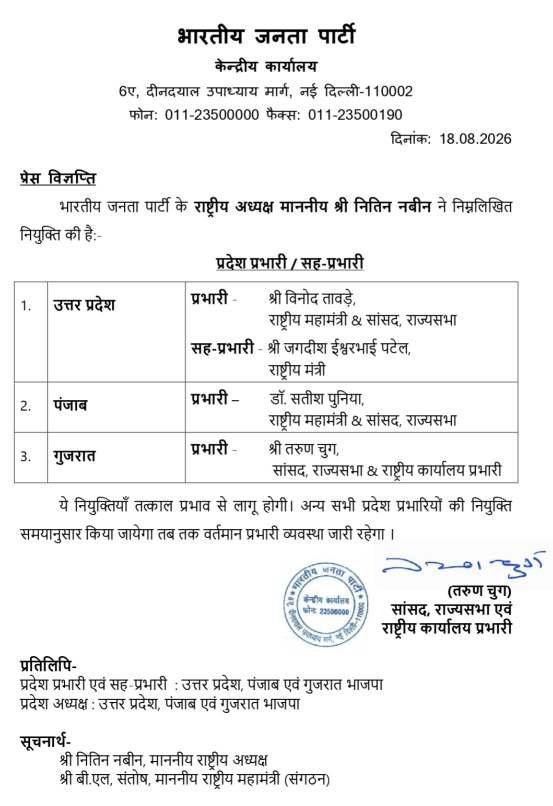 भारतीय जनता पार्टी ने की तीन राज्यों के प्रभारियों की नियुक्ति