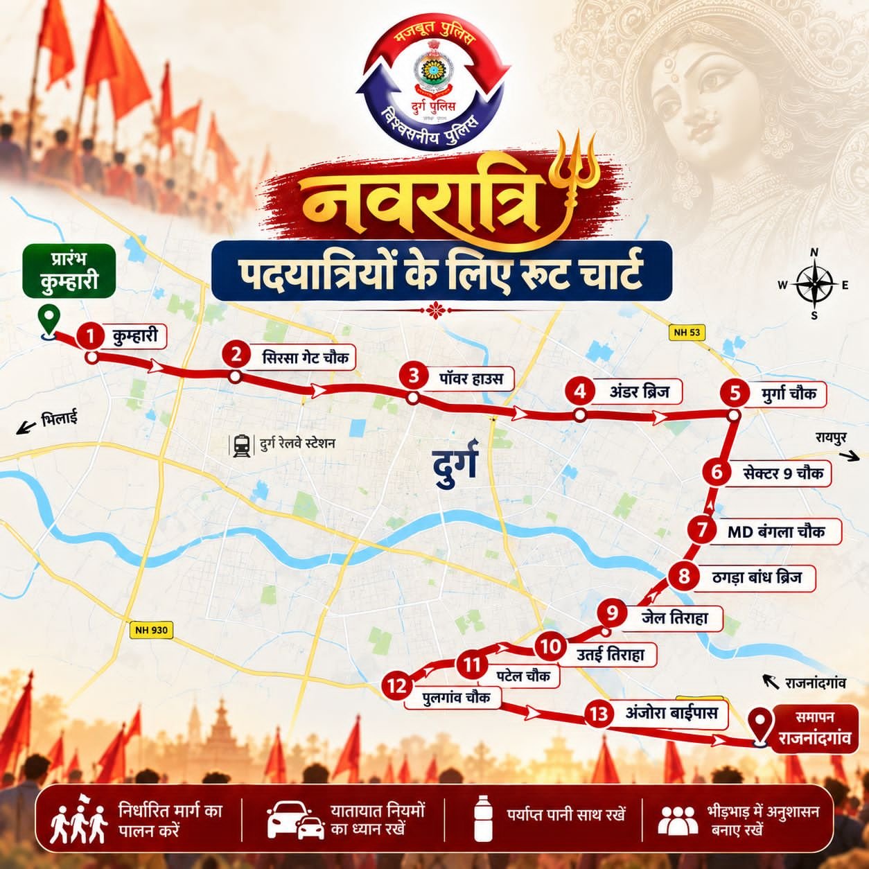 डोंगरगढ़ पदयात्रियों के लिए कुम्हारी से अंजोरा तक ‘सुरक्षित कॉरिडोर’